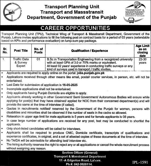 Transport Planning Unit TPU Punjab Jobs 2025 – Govt of Punjab Jobs 2025 — original advertisement