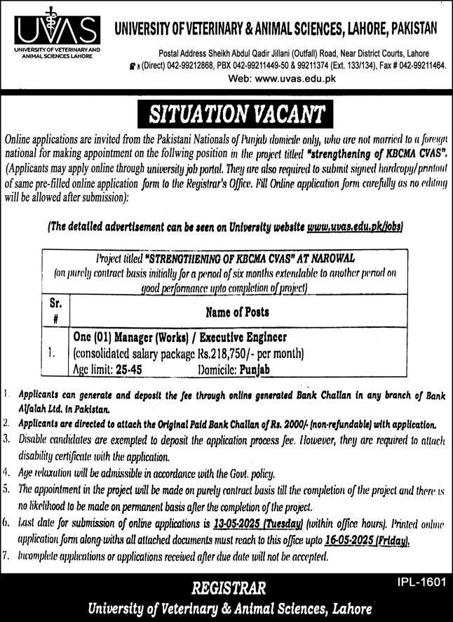 University Of Veterinary & Animal Sciences UVAS Lahore Jobs – University of Veterinary and Animal Sciences Lahore Jobs 2025 — original advertisement