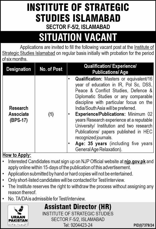 Institute Of Strategic Studies Islamabad ISSI Jobs 2025 Jobs 2025 — original advertisement