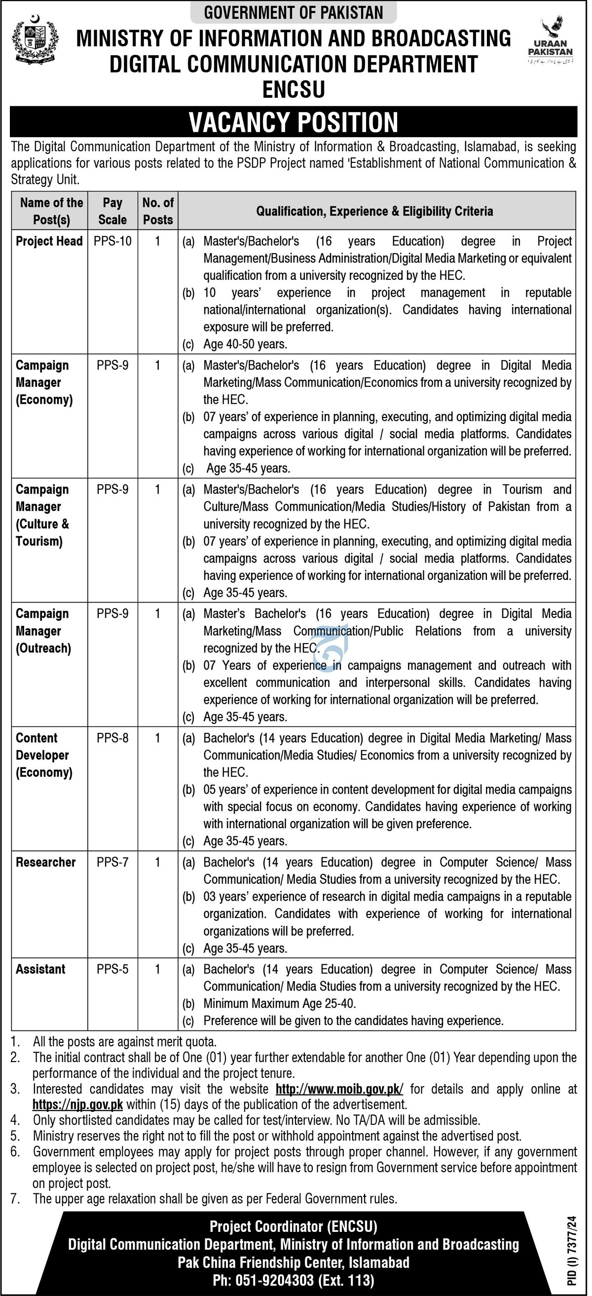 Digital Communication Department Islamabad Jobs 2025 – Ministry of Information & Broadcasting Pakistan Jobs 2025 — original advertisement