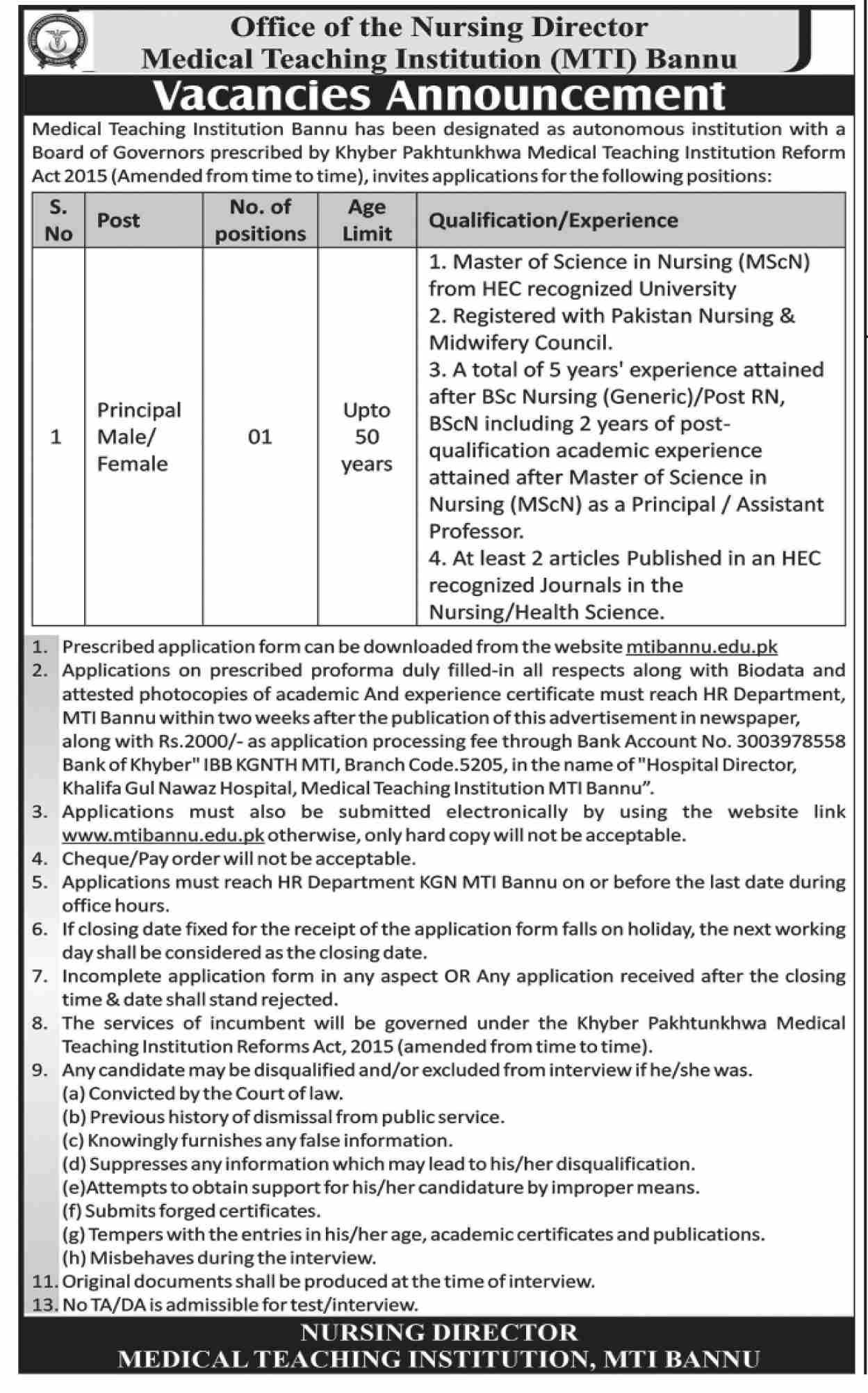 Medical Teaching Institute MTi Bannu Jobs 2025 – Medical Teaching Institute MTI Khyber Teaching Hospital Peshawar Kpk Jobs 2025 — original advertisement