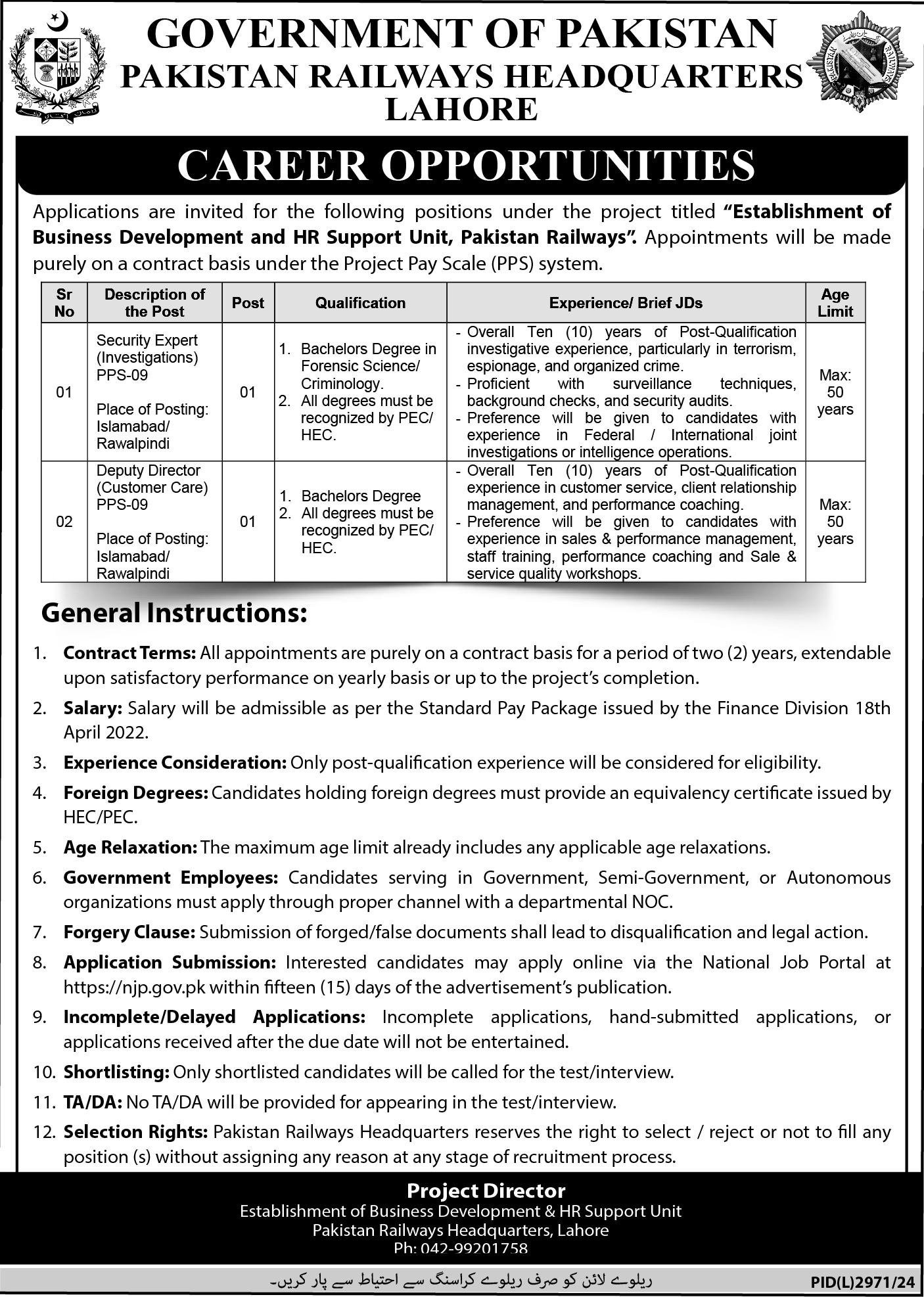 Pakistan Railways Lahore Jobs 2025 – Ministry of Railways Islamabad Jobs 2025 — original advertisement