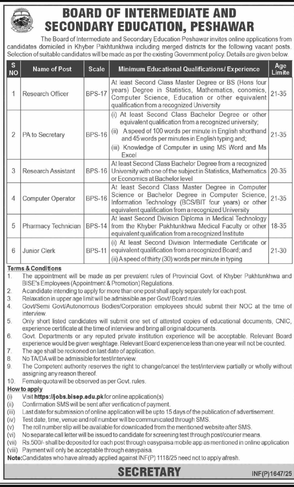 Board of Internmated and Secondry Education Peshawar Jobs – Khyber Pakhtunkhwa Board of Technical Education Peshawar Jobs 2025 — original advertisement