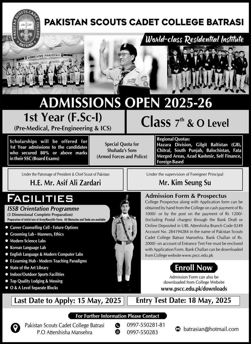 Admissions Open in Pakistan Scouts Cadet college Batrasi – Pakistan Scouts Cadet College Batrasi Mansehra Admissions 2025 — original advertisement