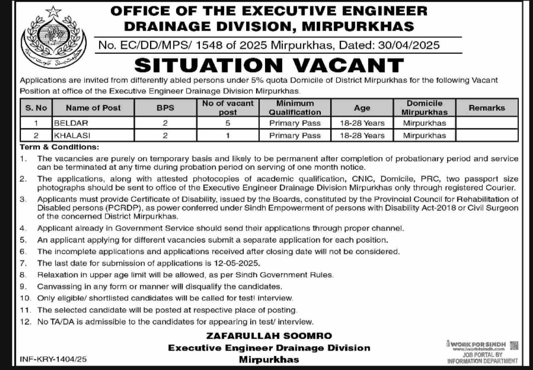 Drinage Division Mirpurkhas Sindh Jobs 2025 – Irrigation Department Sindh Jobs 2025 — original advertisement