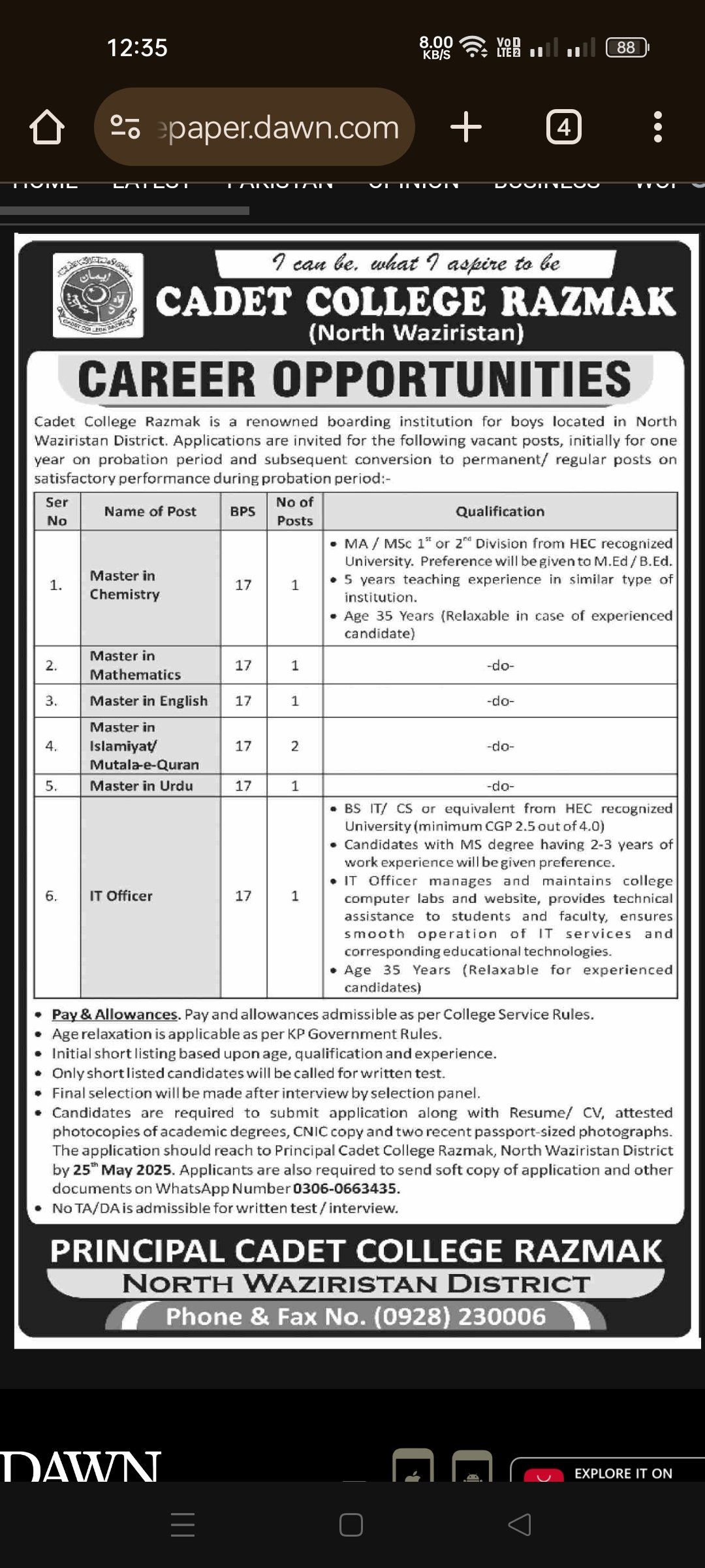 Cadet college Razmak Islamabad Jobs 2025 Jobs 2025 — original advertisement