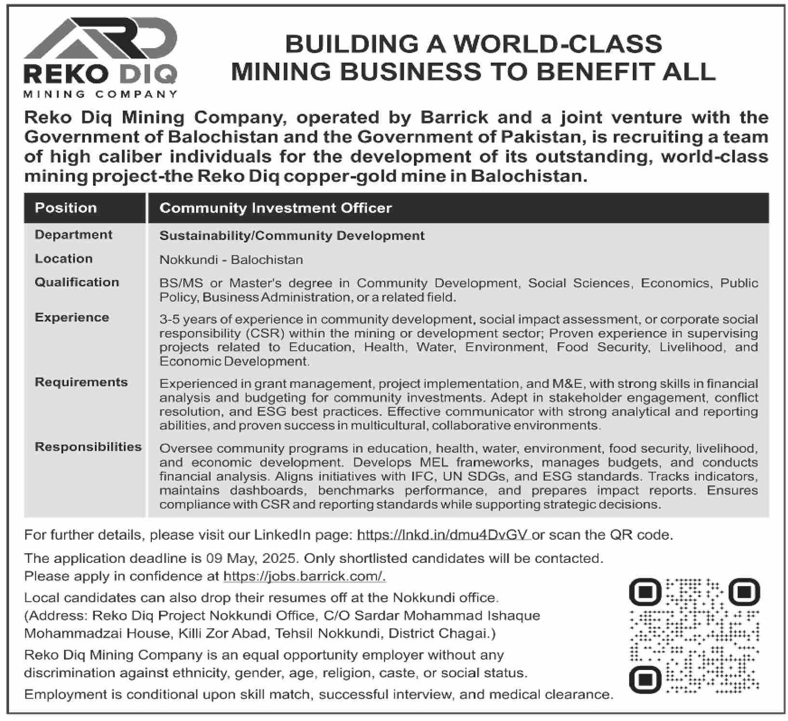 Reko Diq Mining Company RDMC Quetta Job 2025 – Private Company Jobs 2025 — original advertisement