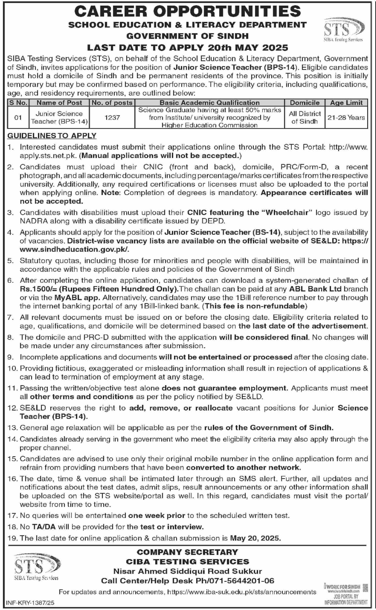 School Education & Literacy Department Sukkur Jobs 2025 – School Education & Literacy Department Sindh Jobs 2025 — original advertisement