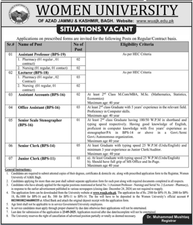 Women University Of Azad Jammu & Kashmir Bagh Jobs 2025 – Women University Bagh AJk Jobs 2025 — original advertisement