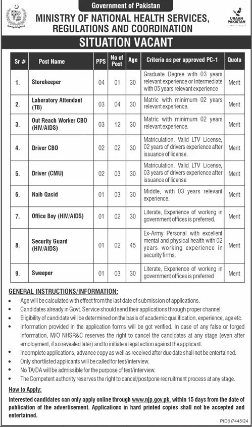 Ministry of National Health Services And Coodination Jobs – Ministry of National Health Services Regulation and Coordination Jobs 2025 — original advertisement