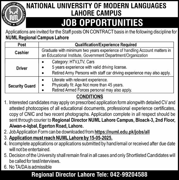 National University Of Modern Languages NUML Lahore Jobs – National University of Modern Languages Islamabad Jobs 2025 — original advertisement