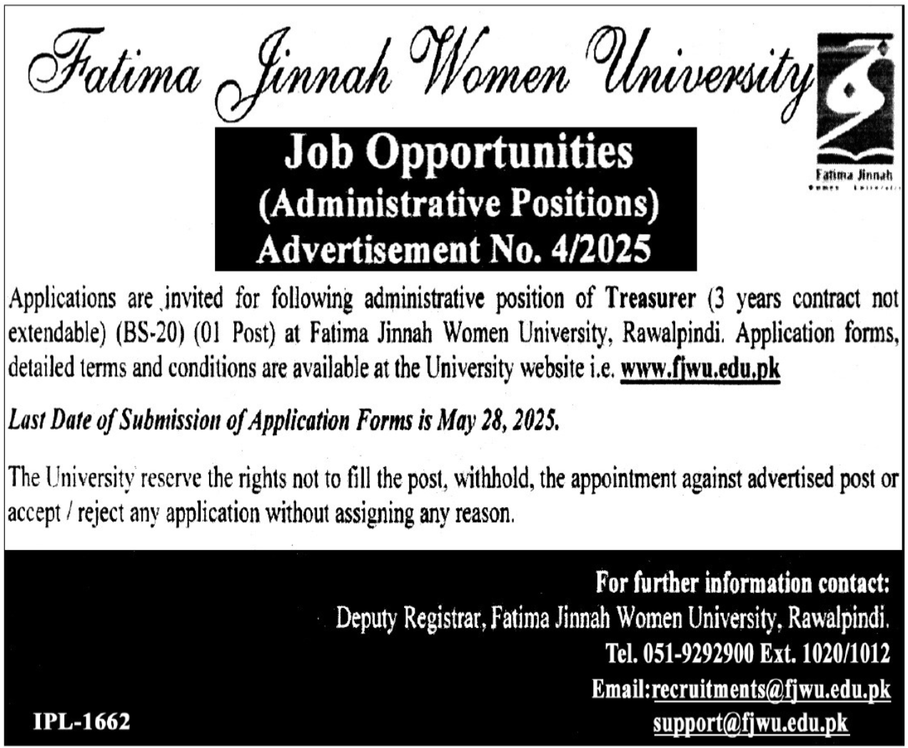 Fatima Jinnah Women University FJWU Rawalpindi Jobs 2025 – Fatima Jinnah Women University Rawalpindi Jobs 2025 — original advertisement