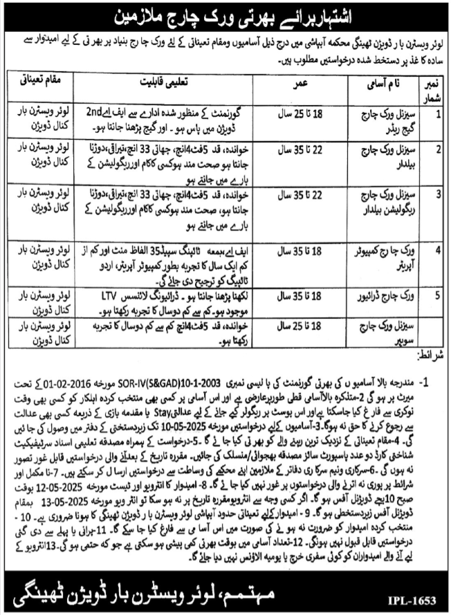 Irrigation Department Lower Western Bar Division Thingi Jobs – Irrigation Department Punjab Jobs 2025 — original advertisement
