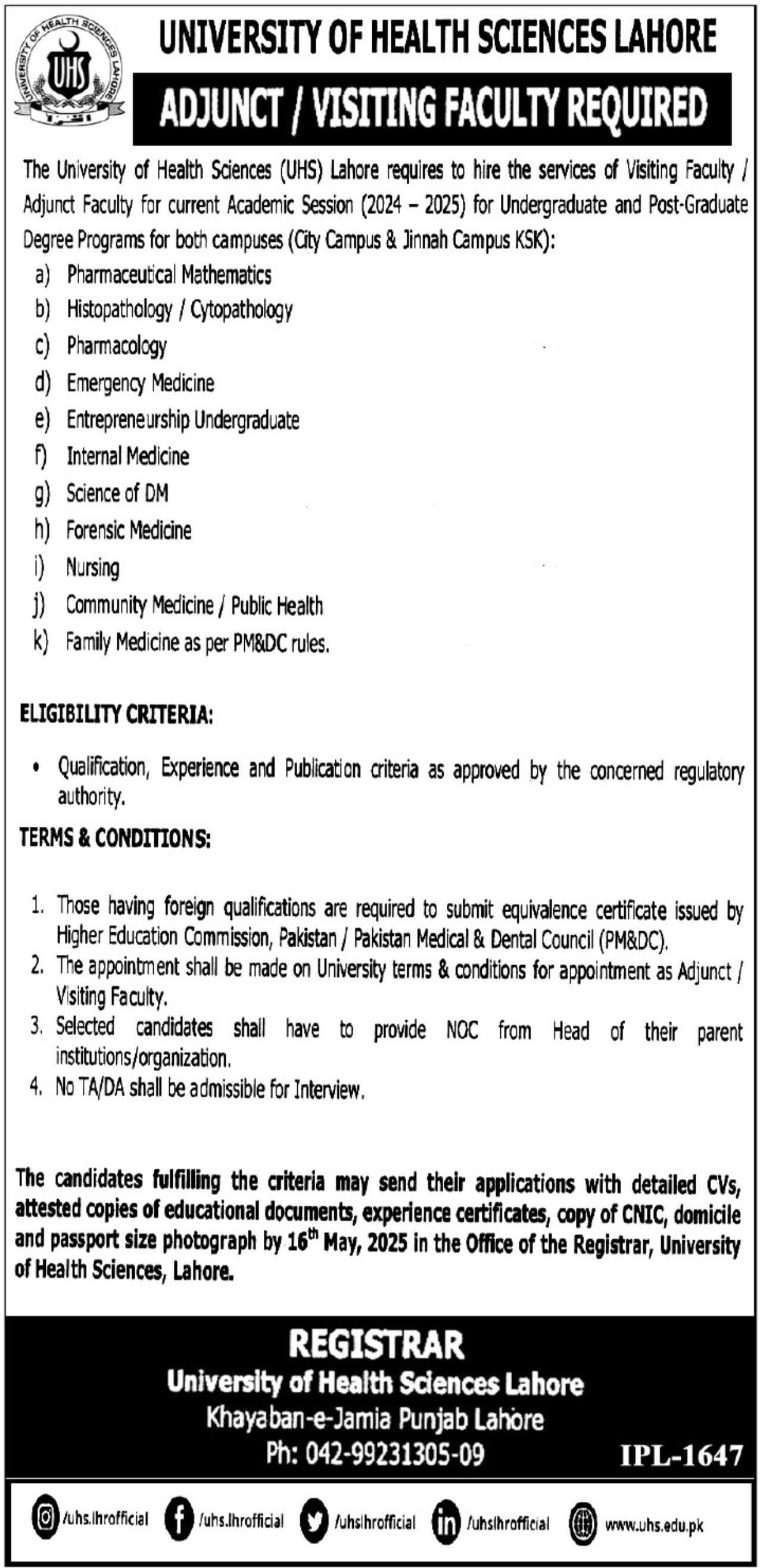 University Of Health Sciences UHS Lahore Jobs 2025 – University of Health Sciences Lahore Jobs 2025 — original advertisement