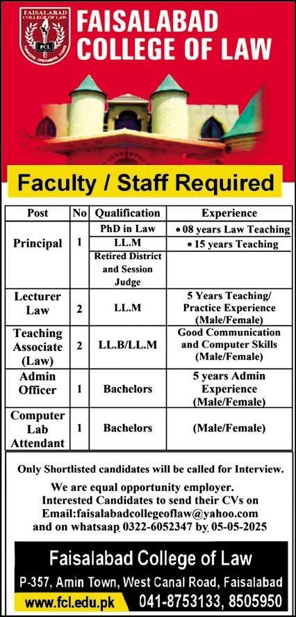 Faisalabad College Of Law Jobs 2025 For Principal – Faisalabad Chamber of Commerece & Industry Jobs 2025 — original advertisement