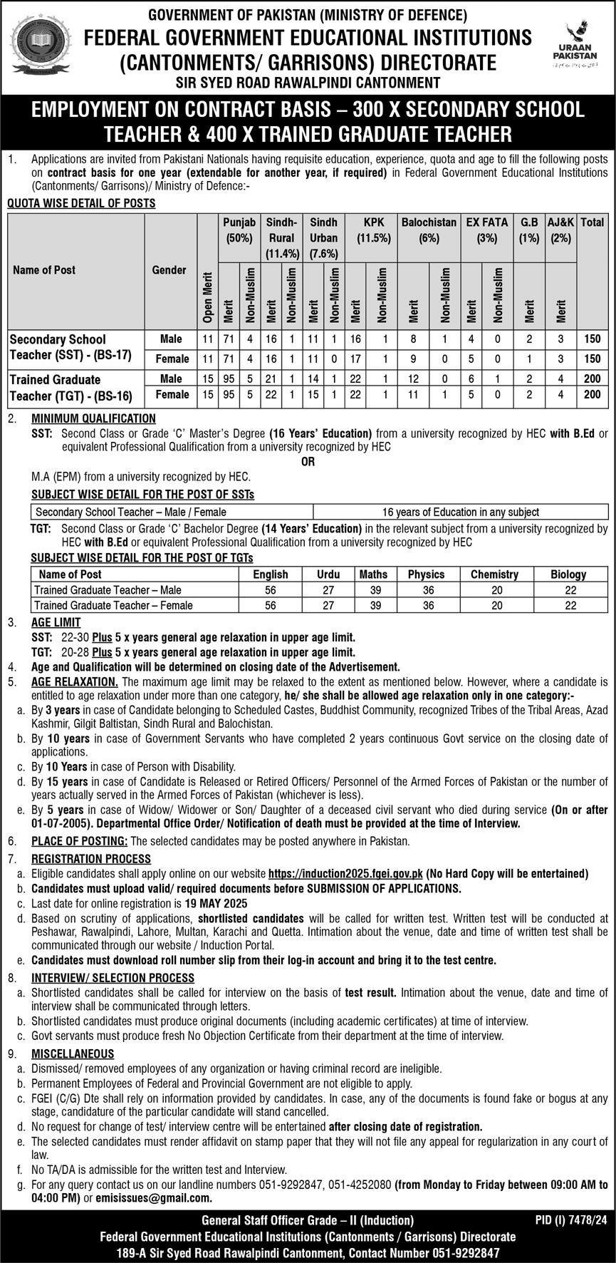 Federal Government Educational Institutions FGEI Jobs 2025 – Federal Govt Educational Institutes Cantts and Garrisons Jobs 2025 — original advertisement