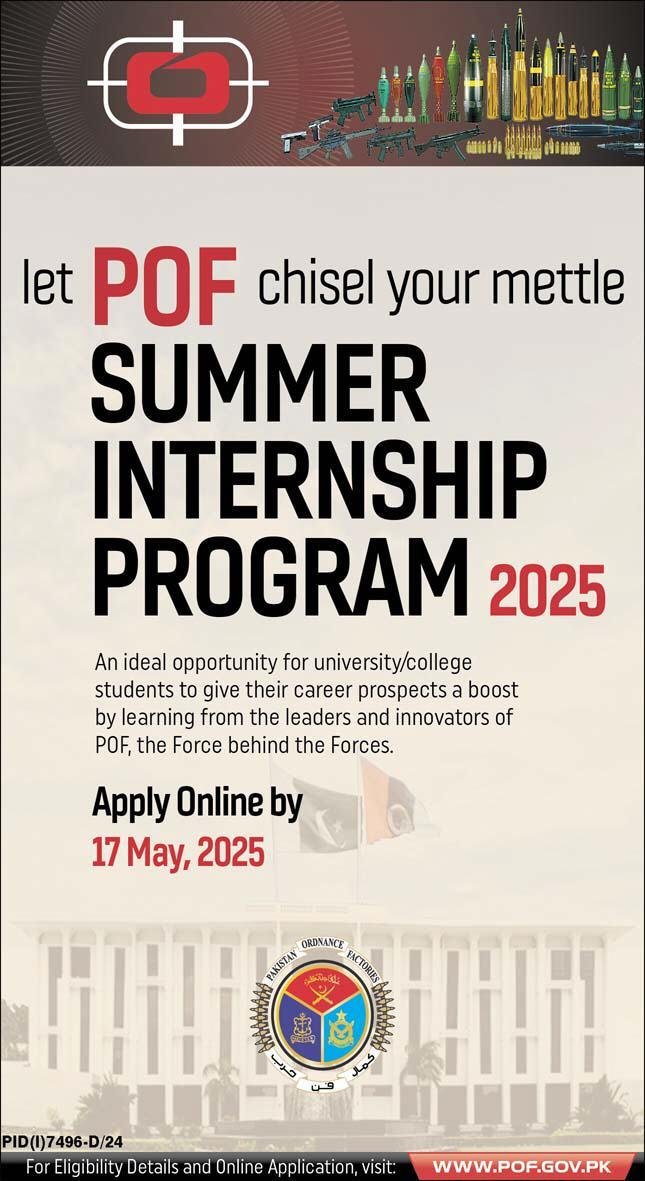 Pakistan Ordnance Factories POF Internship Program 2025 – Pakistan Ordnance Factories Board Wah Cantt Jobs 2025 — original advertisement