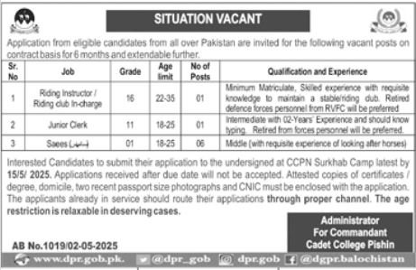 Cadet College Pishin Balochistan Jobs 2025 Jobs 2025 — original advertisement