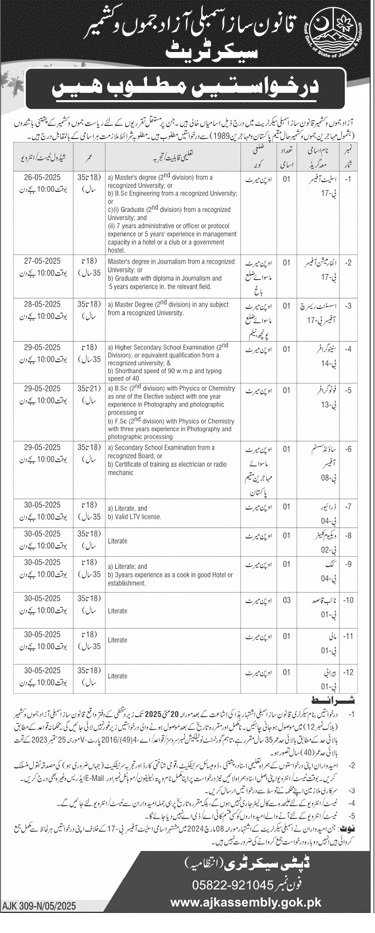 AJK Legislative Assembly Muzaffarabad Jobs 2025 – Legislative Assembly of Azad Jammu and Kashmir Jobs 2025 — original advertisement