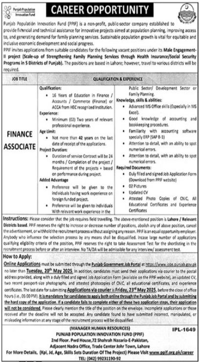 Punjab Population Innovation Fund PPIF Jobs 2025 – Public Sector Organization Jobs 2025 — original advertisement