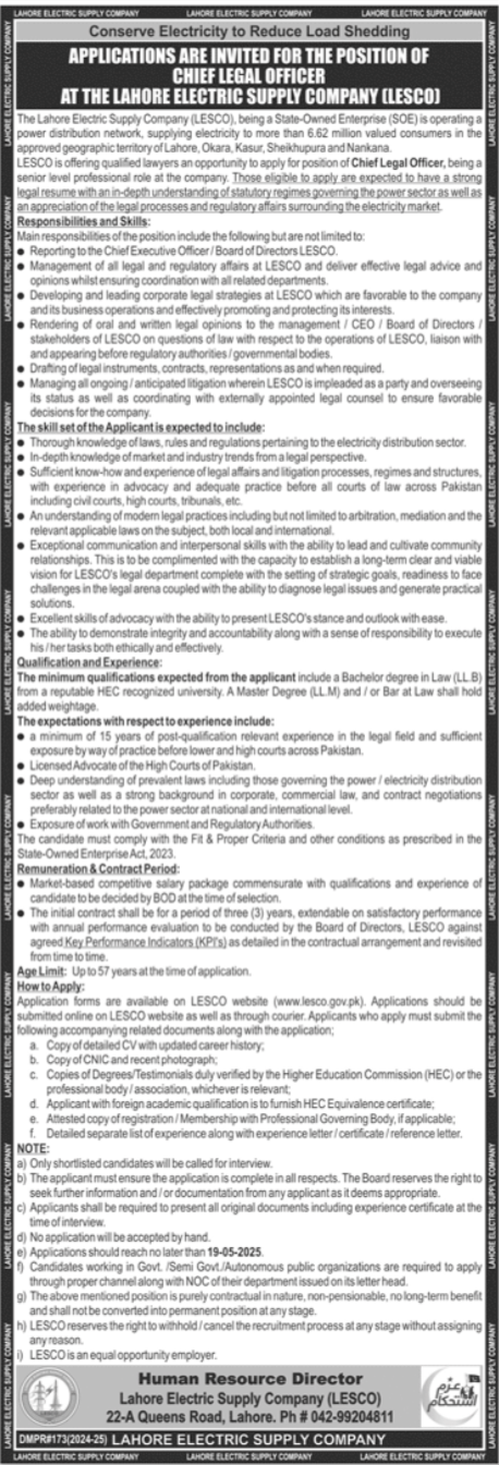 Lahore Electric Supply Company Jobs 2025 – Lahore Electric Supply Company LESCO Lahore Jobs 2025 — original advertisement