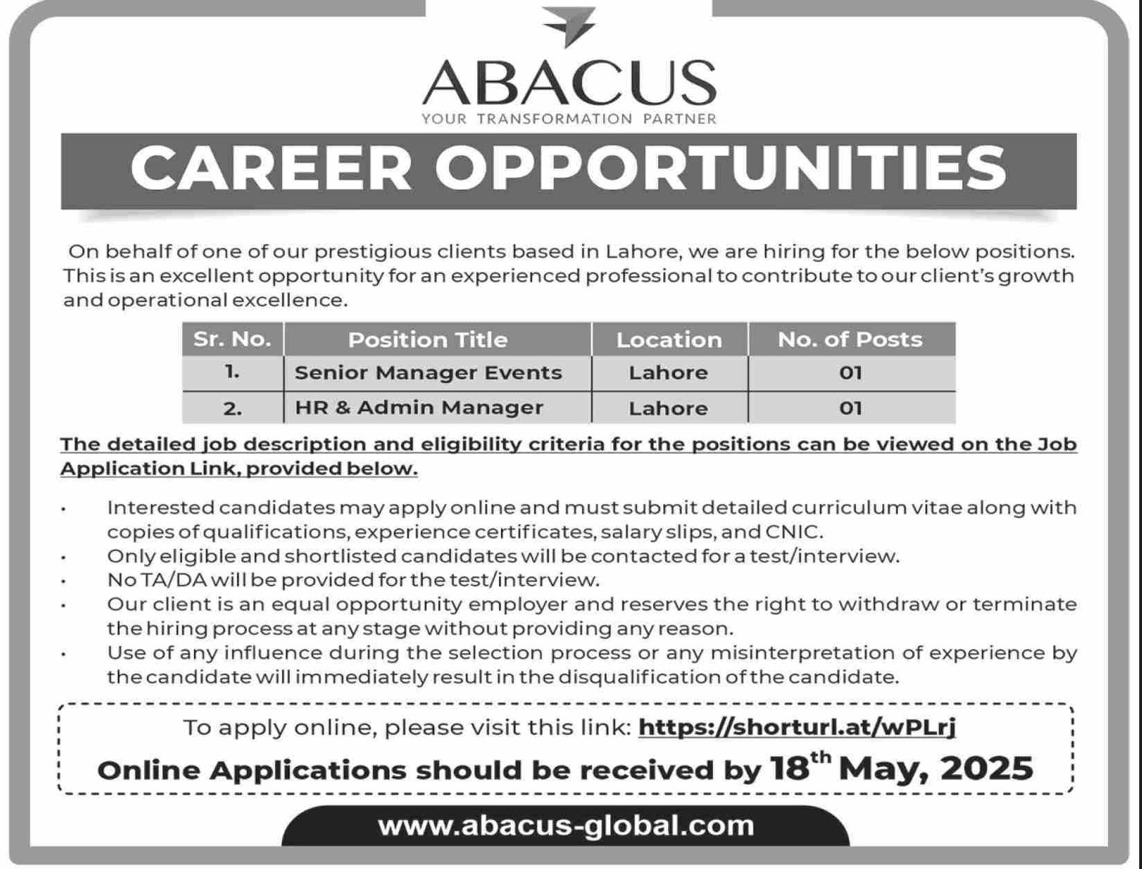 Abacus Consulting Pvt Limited Lahore JObs 2025 – Private Company Jobs 2025 — original advertisement