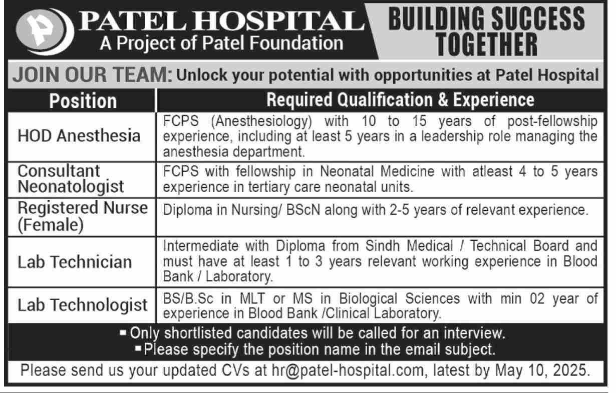 Patel Hospital Karachi Jobs 2025 Jobs 2025 — original advertisement