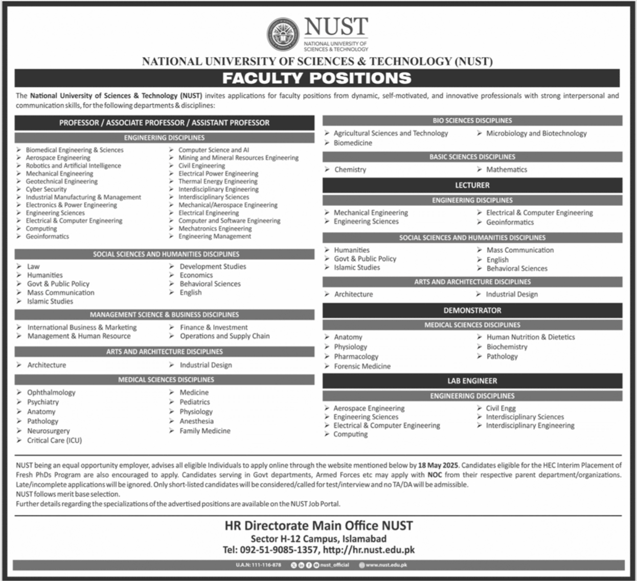 National University Of Science & Technology Islamabad Jobs Jobs 2025 — original advertisement