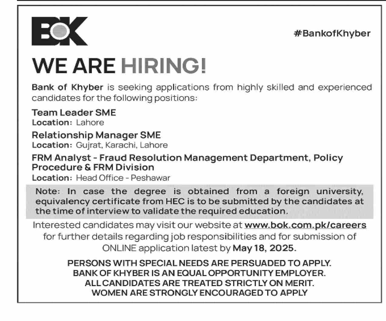 Bank of khyber bok Jobs 2025 Jobs 2025 — original advertisement