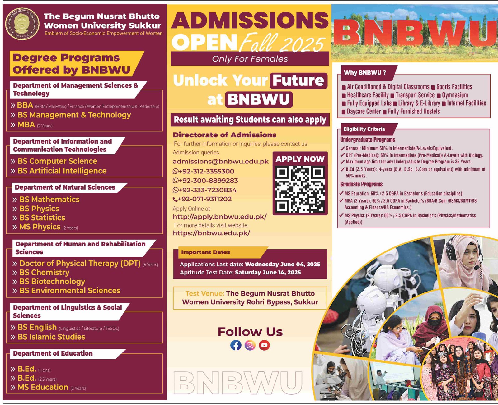 Admission open in begum nusrat Women University 2025 – Begum Nusrat Bhutto Women University Sukkur Admissions 2025 — original advertisement