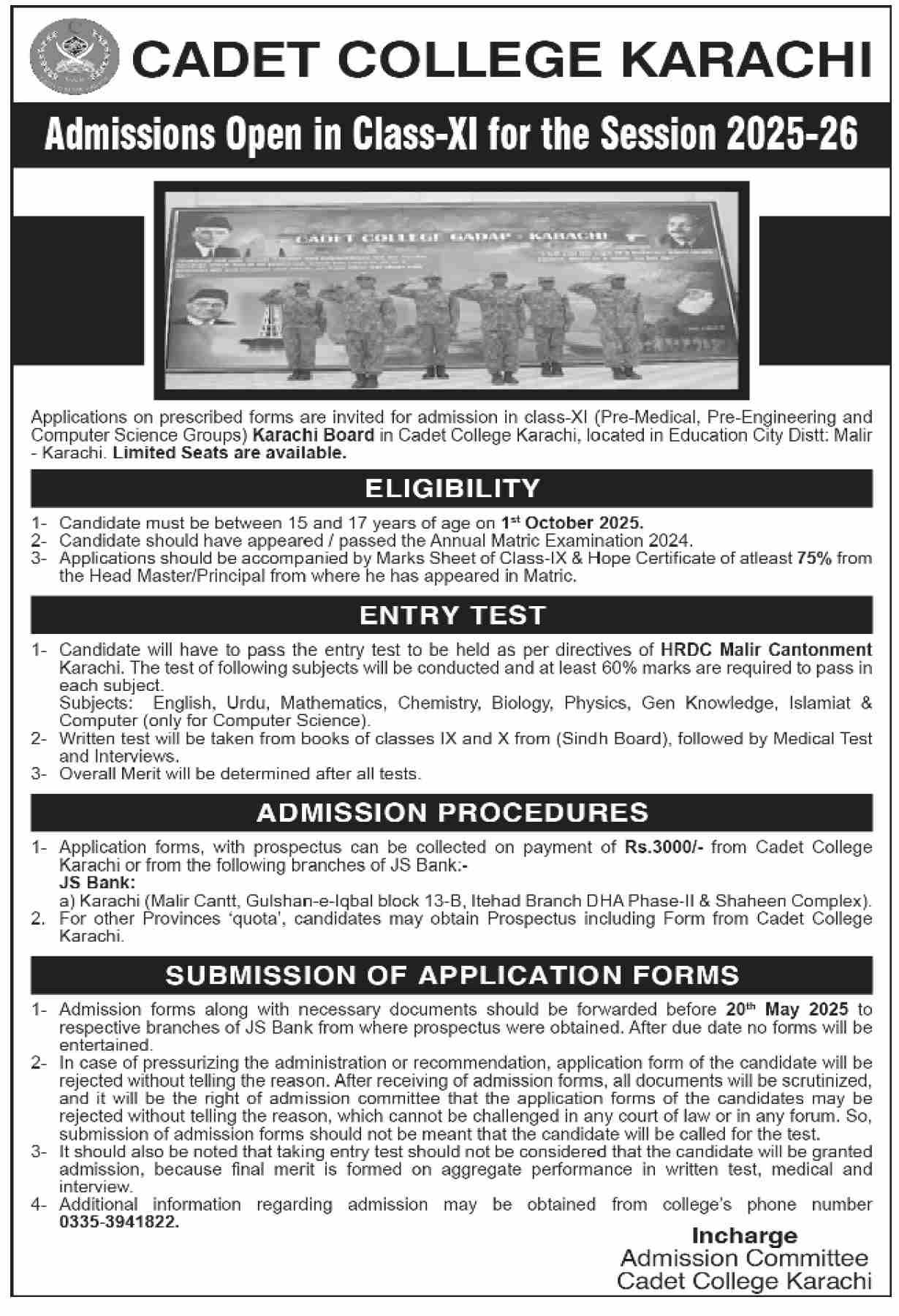 admissions Open in Cadet College Karachi Sindh 2025 – Hub Cadet College Karachi Admissions 2025 — original advertisement