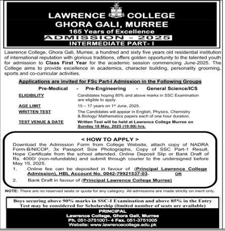 Admission Open in Lawrence College Ghora Gali Murree 2025 Admissions 2025 — original advertisement