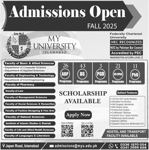 Admission Open in My University Islamabad 2025 Admissions 2025 — original advertisement