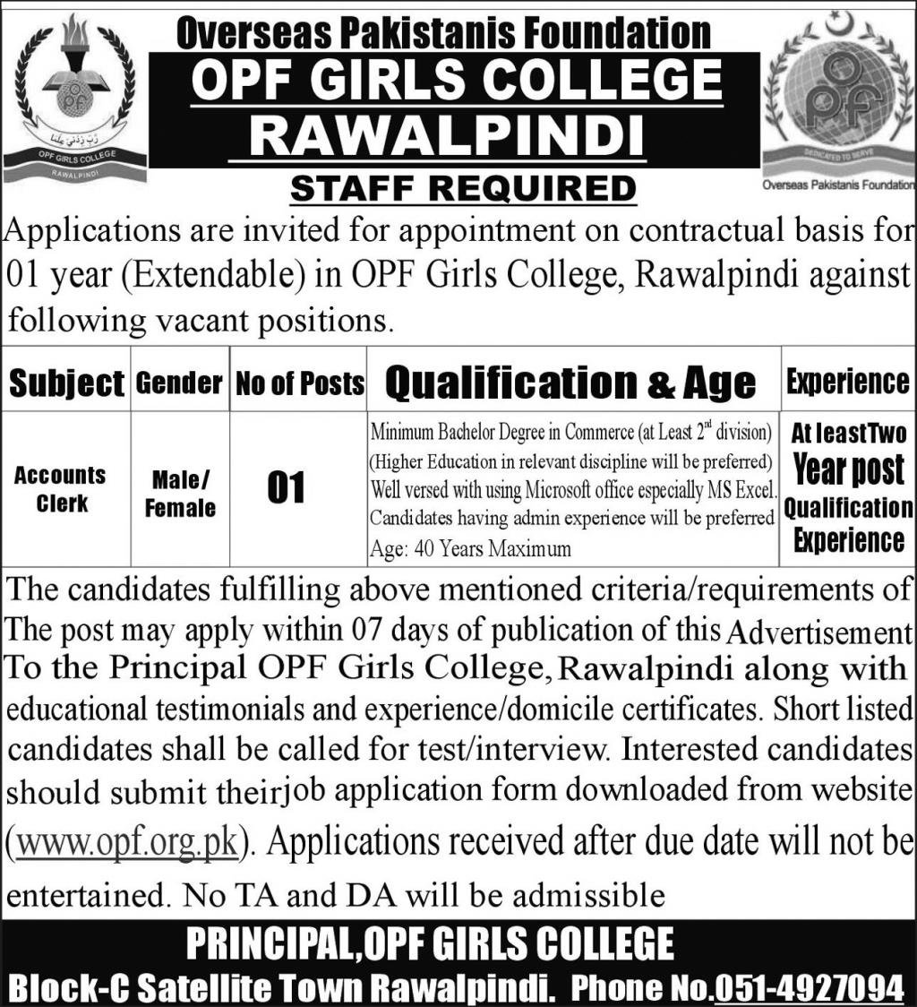 Opf Girls College Rawalpindi Jobs 2025 – OPF Public School Jobs 2025 — original advertisement