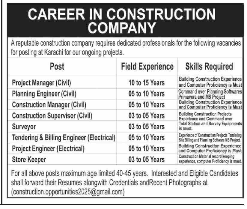 Reputable Construction Company Karachi Jobs 2025 – Private Company Jobs 2025 — original advertisement