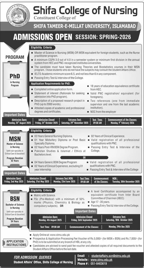 Admission Open in Shifa Tameer E Millat University 2025 – Shifa Tameer-e-Millat University Islamabad Admissions 2025 — original advertisement