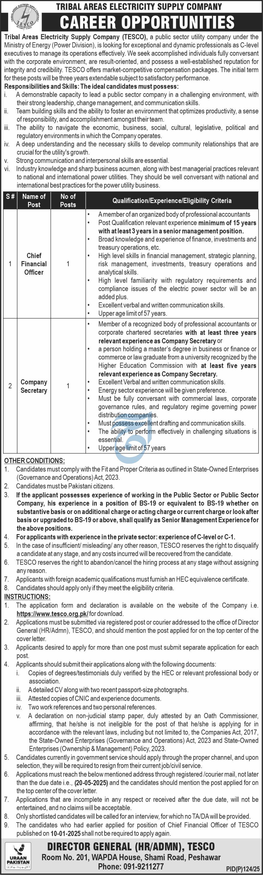 Tribal Areas Electricity Supply Company TESCO Jobs 2025 Jobs 2025 — original advertisement