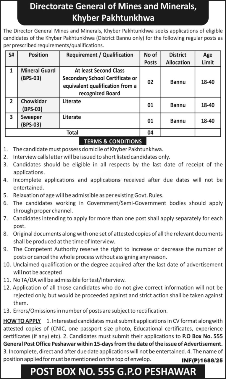 Directorate General Mines & Minerals Jobs 2025 – Commissioner Mines Labour Welfare Peshawar Kpk Jobs 2025 — original advertisement