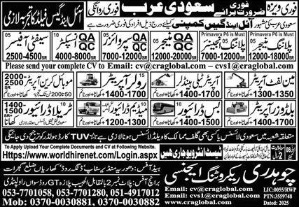 Qa Manger And Sefety Officer Jobs in Saudia Arabia 2025 – Chaudhry Recruiting Agency Jobs 2025 — original advertisement
