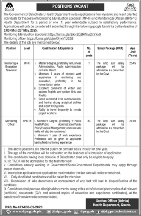Health Department Balochistan Jobs 2025 – Health Department Balochsitan Jobs 2025 — original advertisement