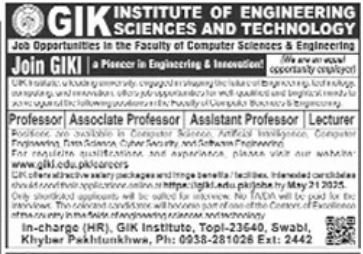 GIK Institute Of Engineering Sciences & Technology Swabi Job – Ghulam Ishaq Khan GIK Institute of Engineering Sciences and Technology Swabi Jobs 2025 — original advertisement