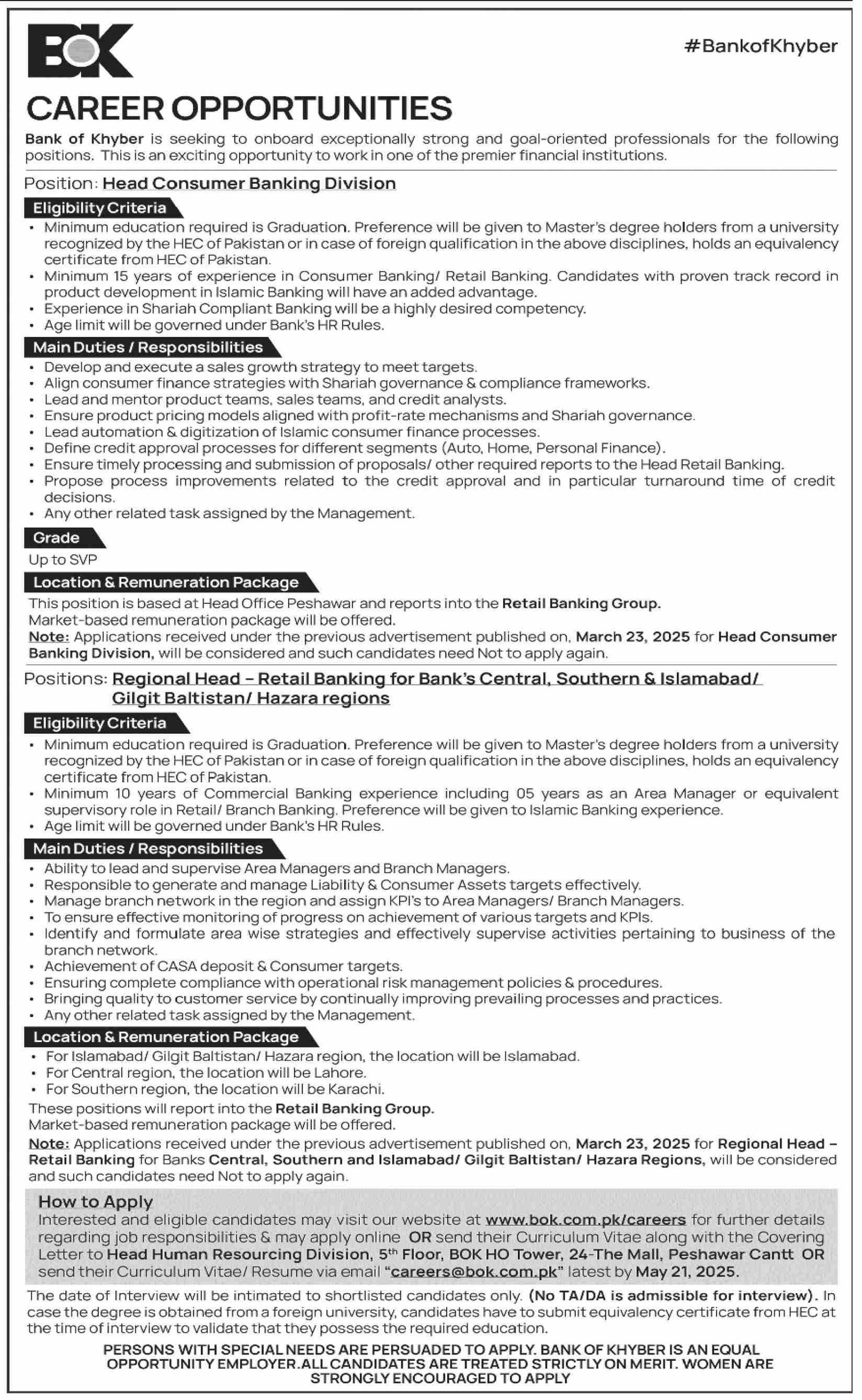 The Bank Of Khyber BOK Peshawar Job 2025 Jobs 2025 — original advertisement