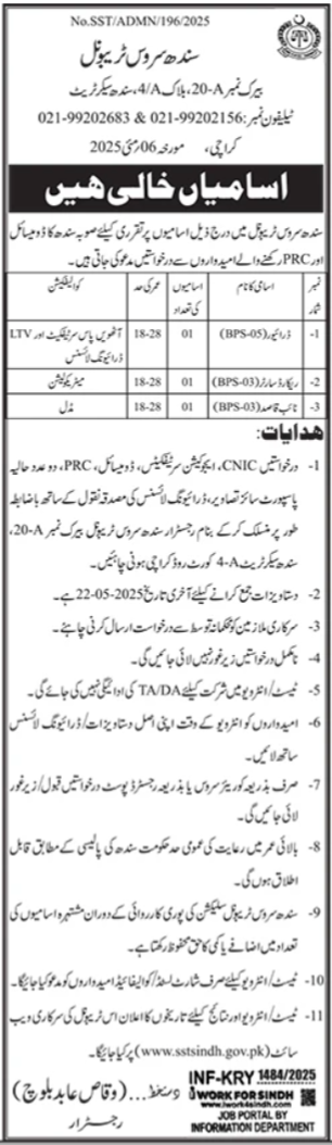 Sindh Service Tribunal Karachi Jobs 2025 – Govt of Sindh Jobs 2025 — original advertisement