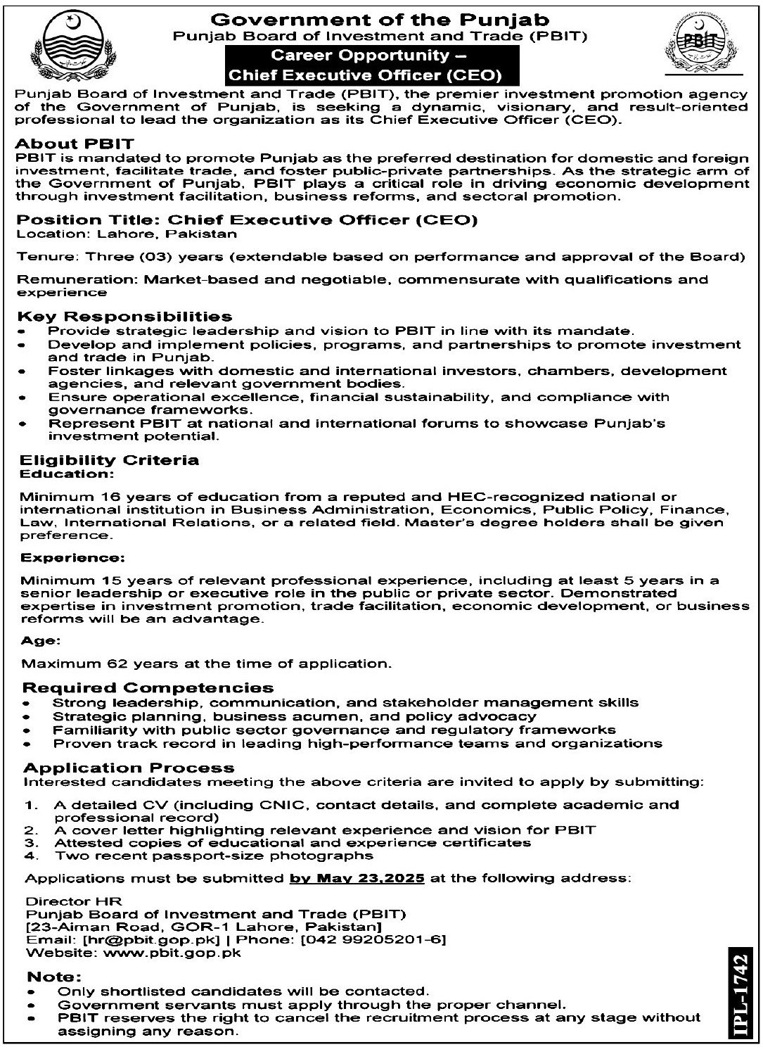 Punjab Board Of Investment And Trade Lahore Job 2025 – Punjab Boards Committee Of Chairpersons Jobs 2025 — original advertisement