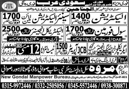 Electrical Engineer & Civil Foreman Jobs 2025 Saudi Arabia – Marwa Skill Development Center Jobs 2025 — original advertisement