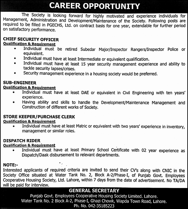 Employees Cooperative Housing Society Lahore Jobs 2025 – Punjab Employees Social Security Institution (PESSI) Jobs 2025 — original advertisement