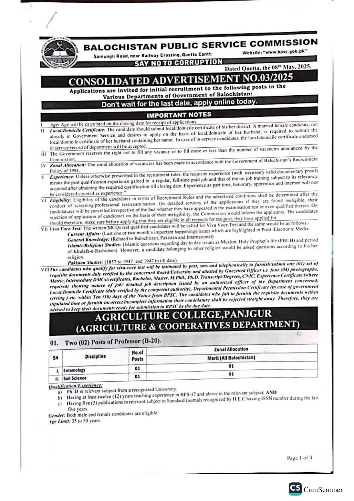 BPSC Advertisement No 3 2025 Jobs – Balochistan Public Service Commission Quetta Balochsitan Jobs 2025 — original advertisement