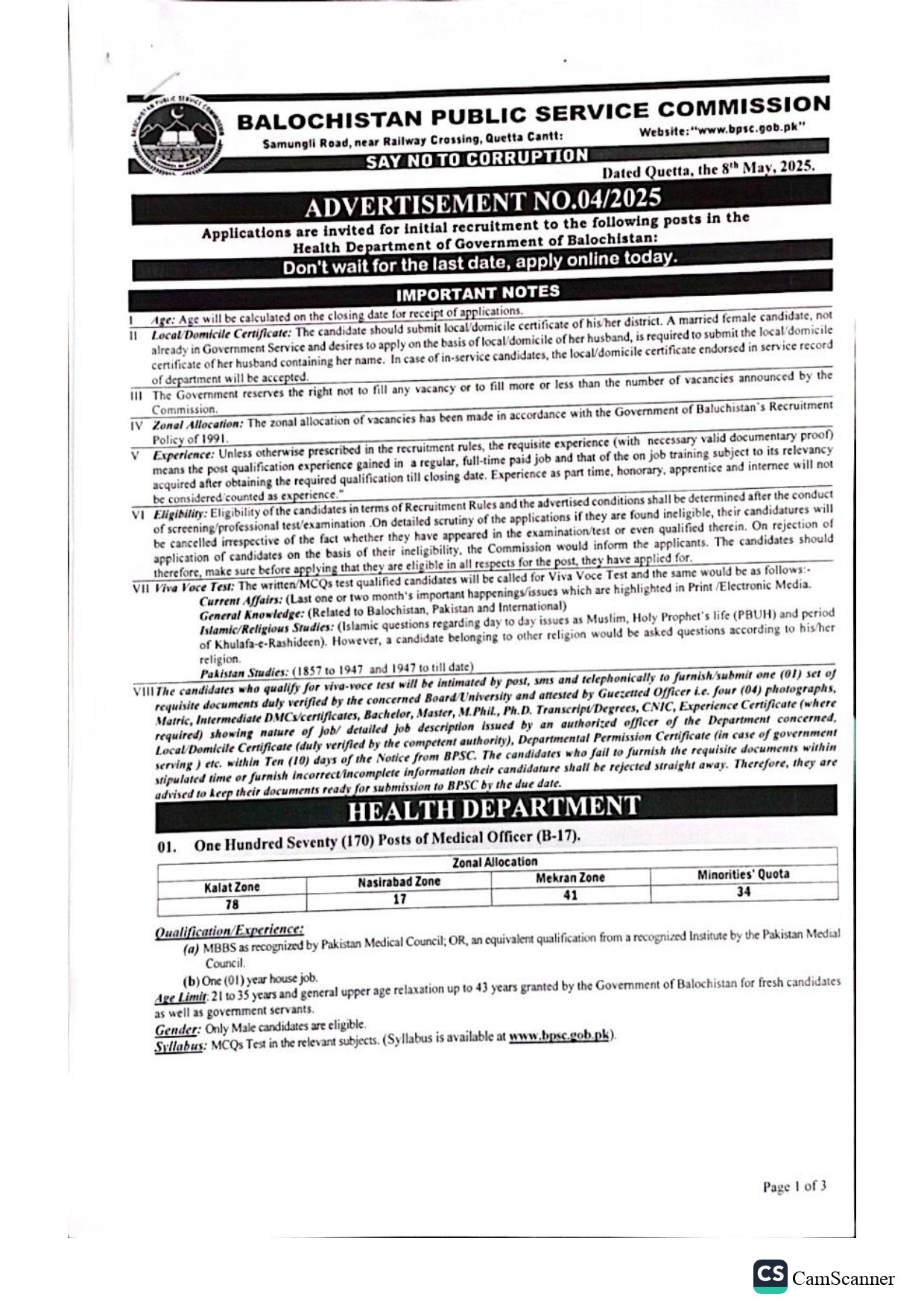 BPSC Advertisement No 4 2025 Jobs – Balochistan Public Service Commission Quetta Balochsitan Jobs 2025 — original advertisement
