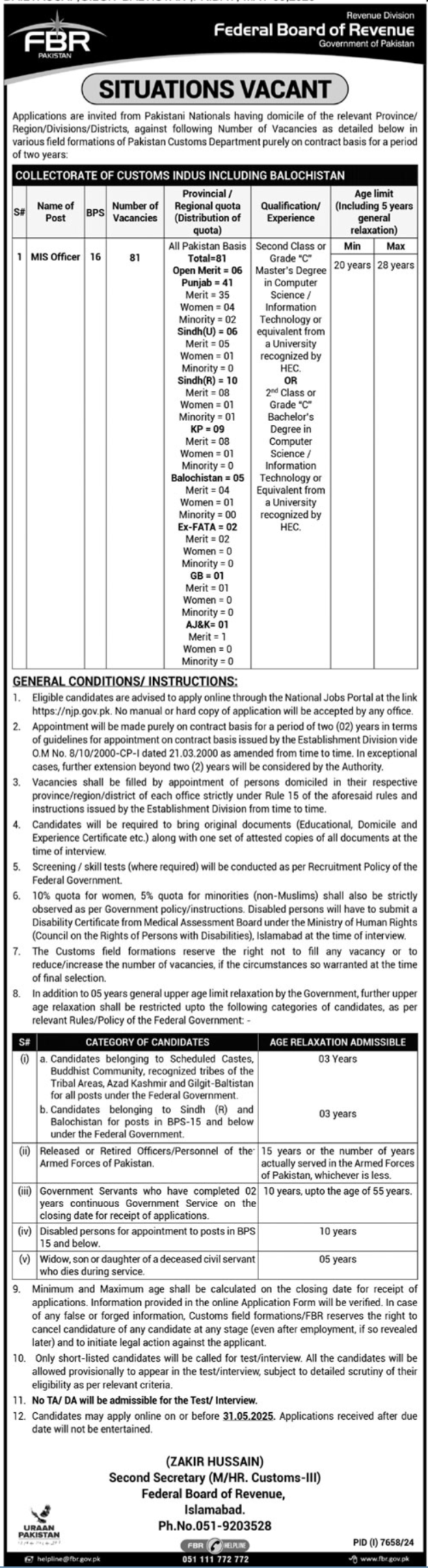 Federal Board of Revenue FBR Islamabad Jobs 2025 Jobs 2025 — original advertisement