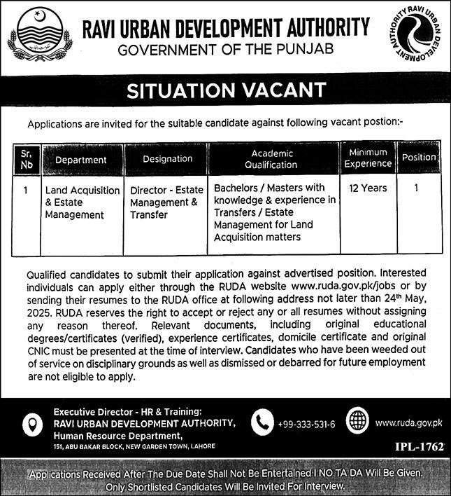 Ravi Urban Development Authority RUDA Lahore Jobs 2025 – Ravi Urban Development Authority RUDA Punjab Jobs 2025 — original advertisement